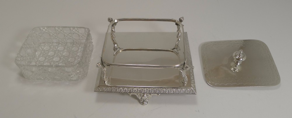 Antique English Cut Crystal and Silver Plate Butter Dish - Winged Cherubs View VII