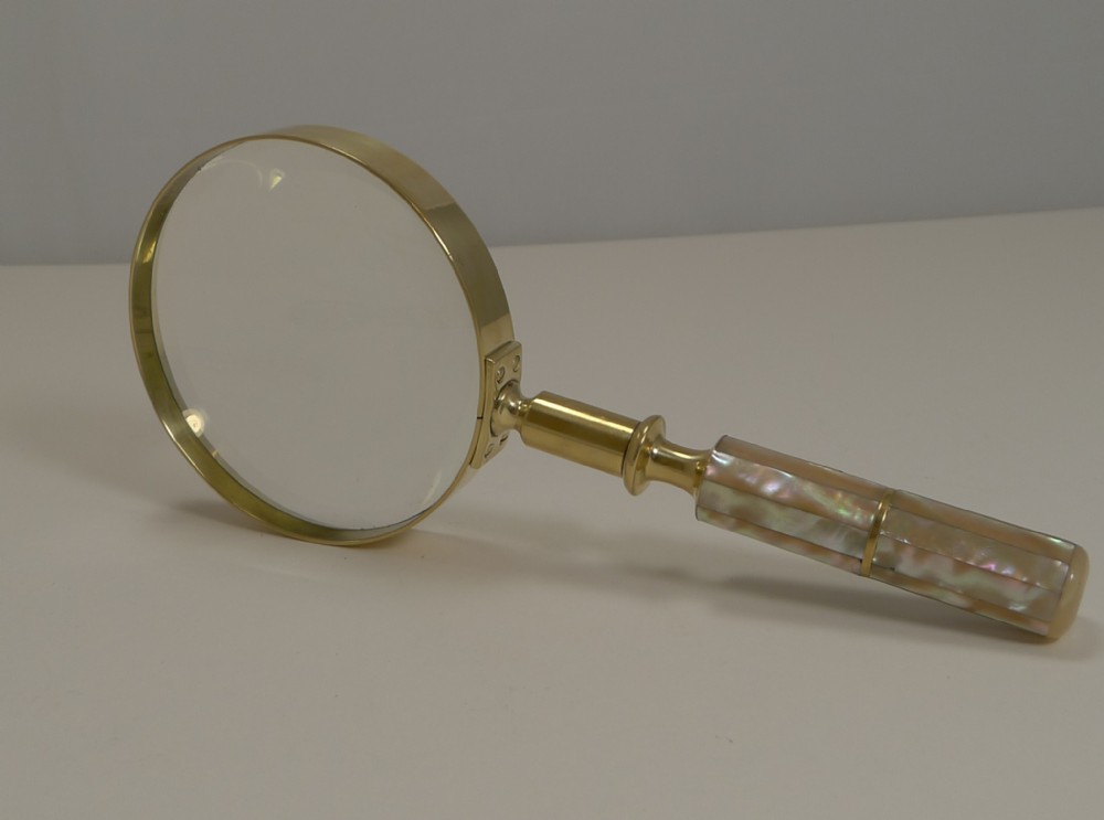 Large Antique English Brass and Mother of Pearl Magnifying Glass c.1890