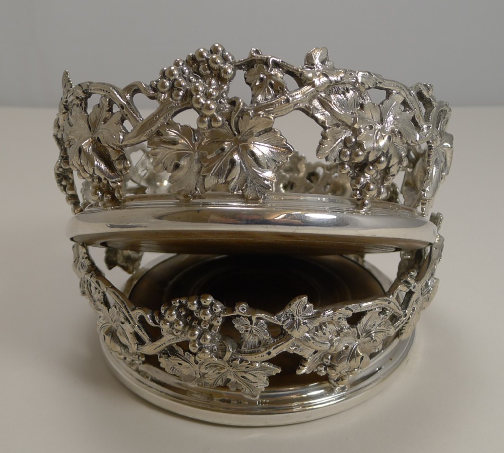 Finest Pair Antique English Silver Plate Wine Coasters by Elkington - 1845