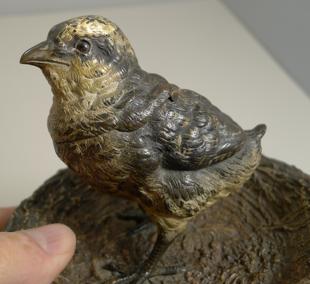 Wonderful Antique English Novelty Bronze Inkwell - Bird In Nest c.1880 View IX