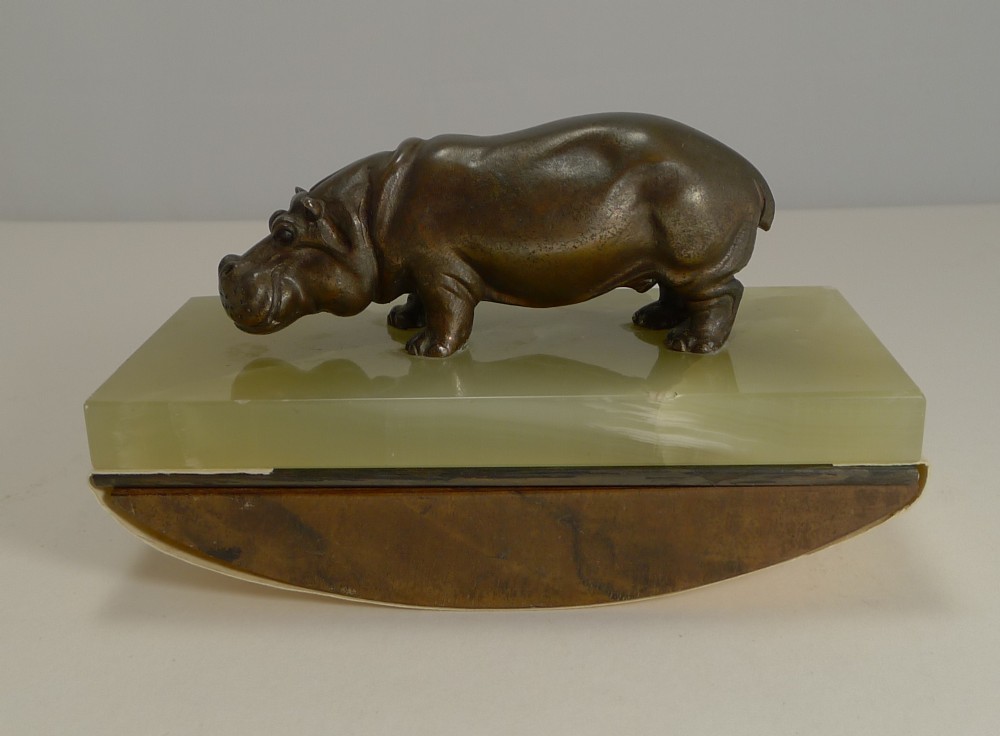 Fabulous Figural Bronze Desk Top Rocking Blotter by Asprey, London, c.1920 - Hippopotamus