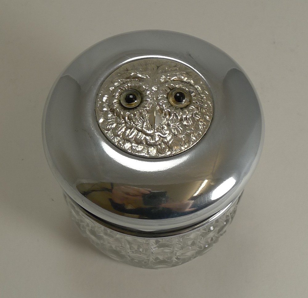 Antique English Vanity Jar - Silver Plated Owl With Glass Eyes c.1900