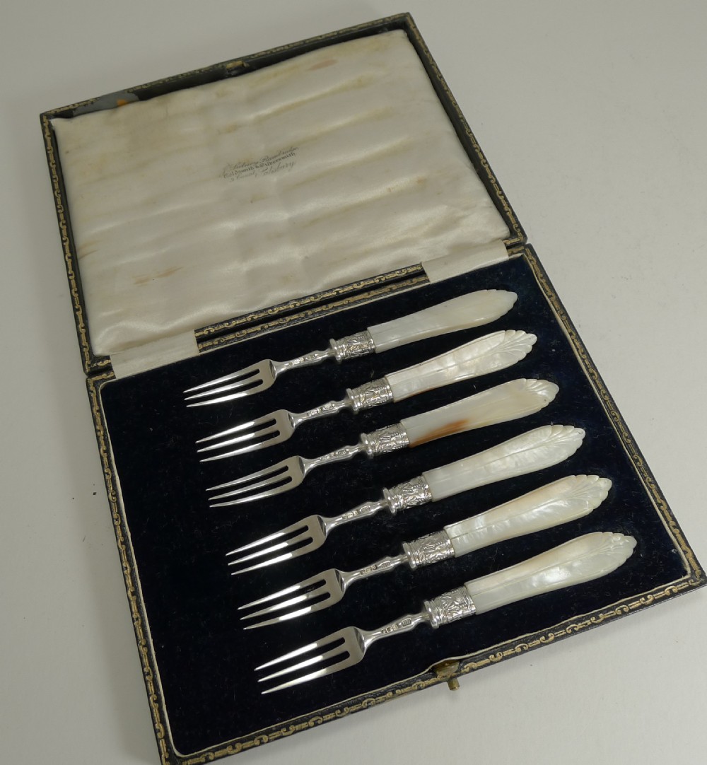 Antique English Sterling Silver & Mother of Pearl Cake or Desert Forks - 1906