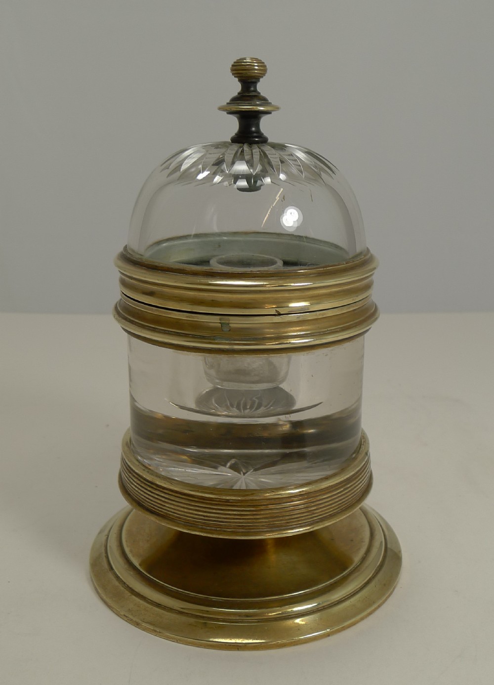 Unusual Large Antique English Crystal and Brass Inkwell c.1880