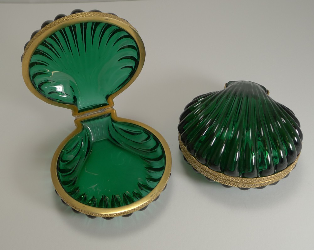 Striking Pair French Emerald Crystal Shell Shaped Jewellery Boxes c.1920 View IV