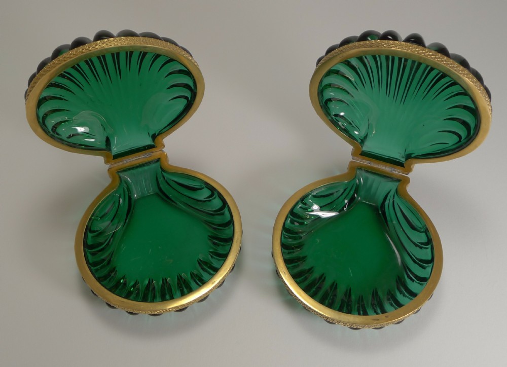 Striking Pair French Emerald Crystal Shell Shaped Jewellery Boxes c.1920 View V