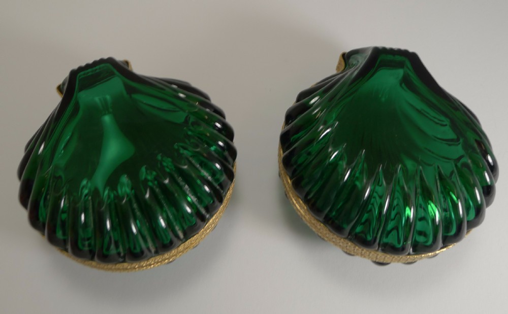 Striking Pair French Emerald Crystal Shell Shaped Jewellery Boxes c.1920 View VII