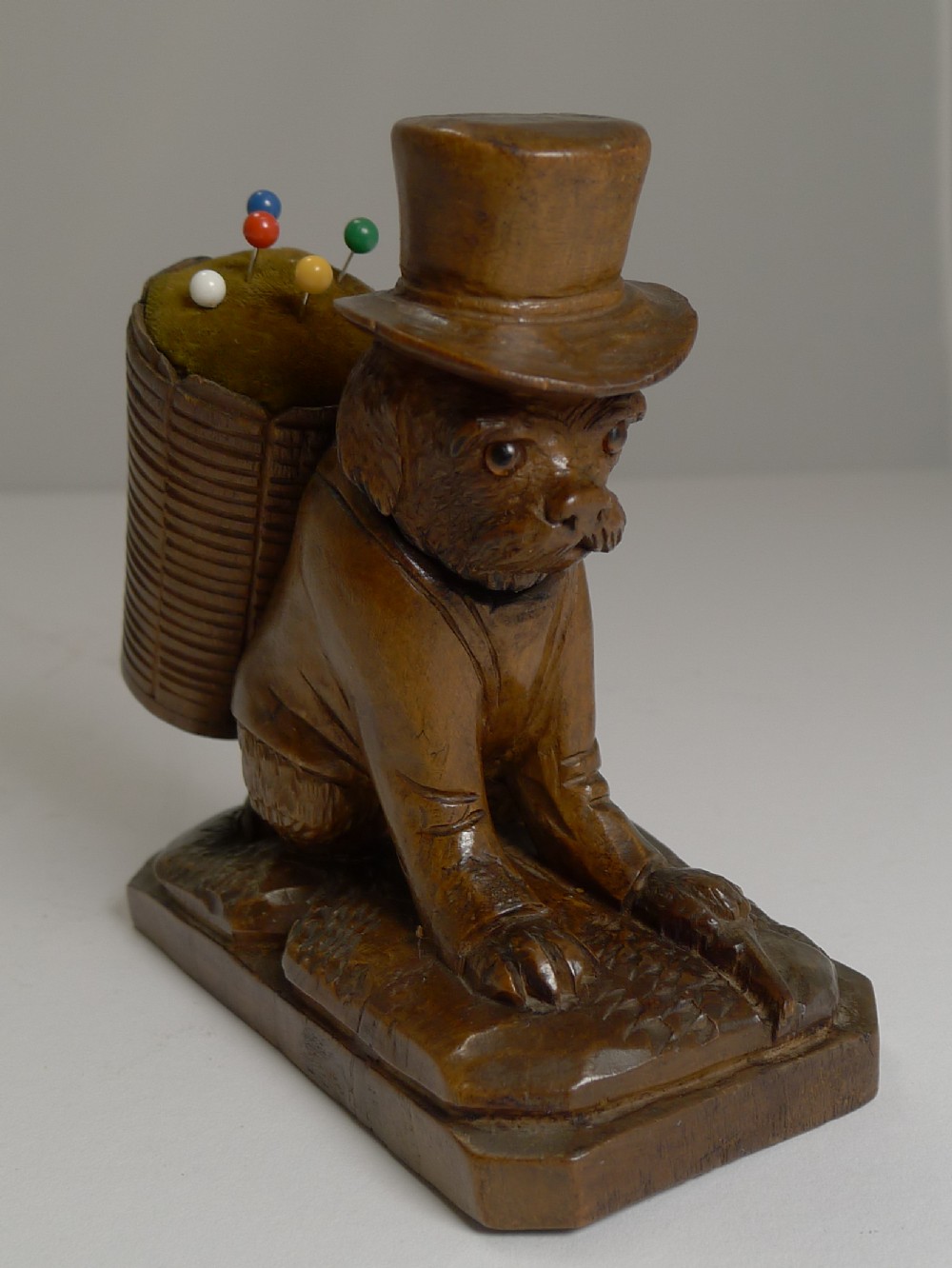 Charming Novelty Black Forest Dog Pin Cushion and Thimble Case c.1890