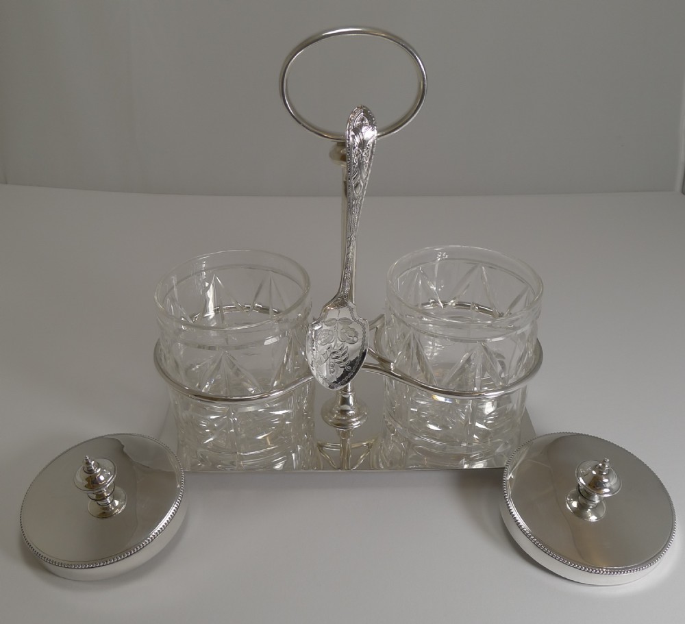 Antique English Cut Crystal and Silver Plate Double Preserve Jars on Stand c.1900 View III