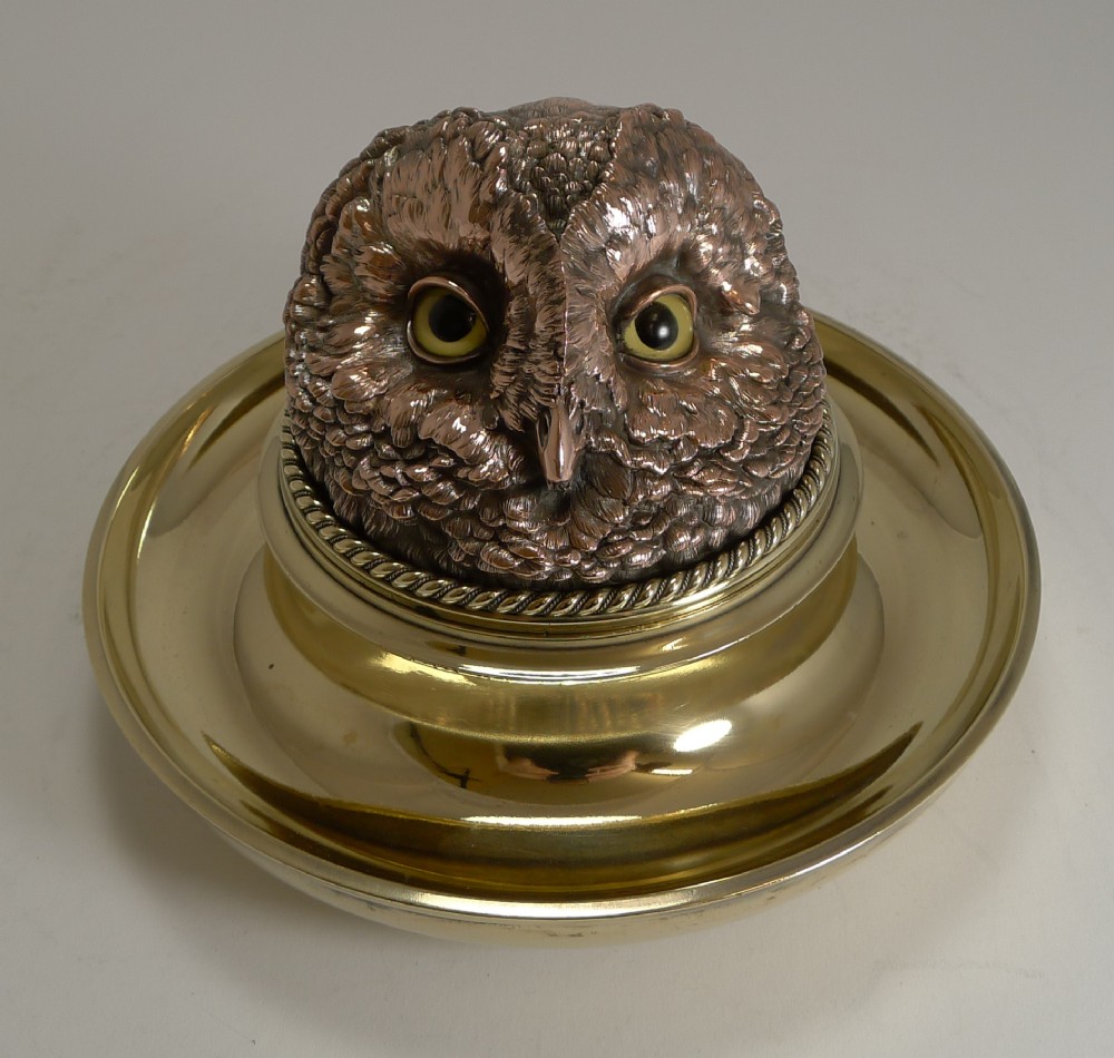 Rare Mammoth English Victorian Novelty Inkwell - Owl With Glass Eyes c.1880