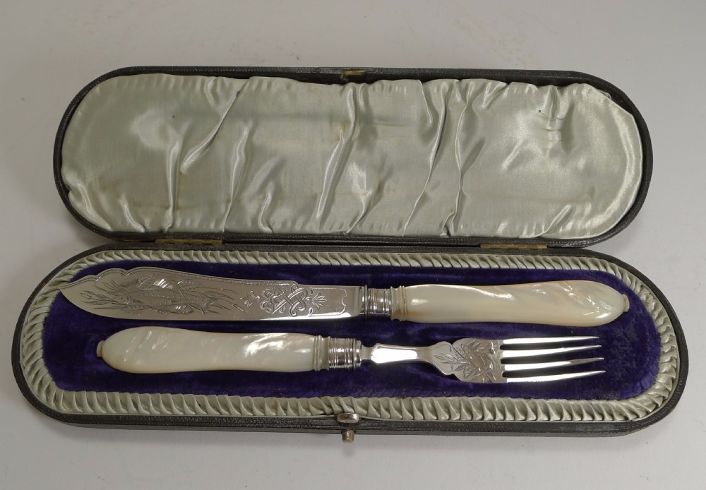 Antique English Sterling Silver and Mother of Pearl Fish Servers - 1895