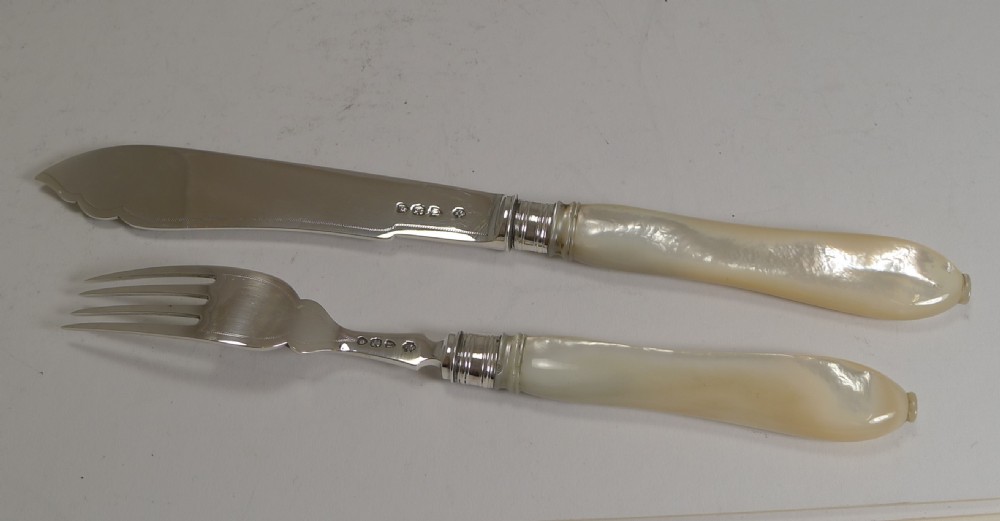 Antique English Sterling Silver and Mother of Pearl Fish Servers - 1895 View II