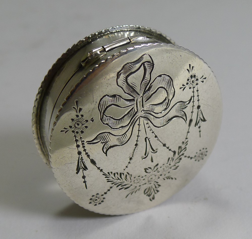 Antique English Sterling Silver Pill Box - Ribbons and Bows
