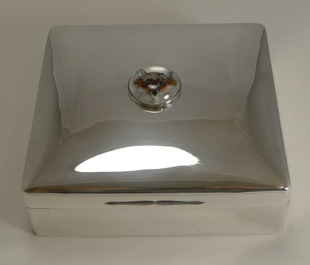 Antique English Sterling Silver Cigar Box - Large Fox Essex Crystal - 1913