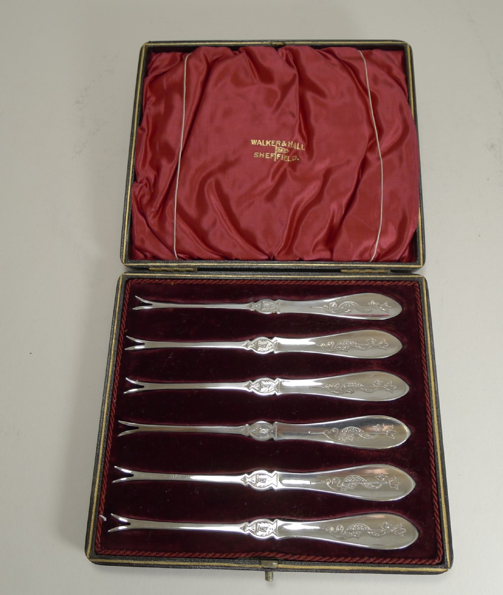 Cased Set Antique English Sterling Silver Lobster Picks by Walker and Hall