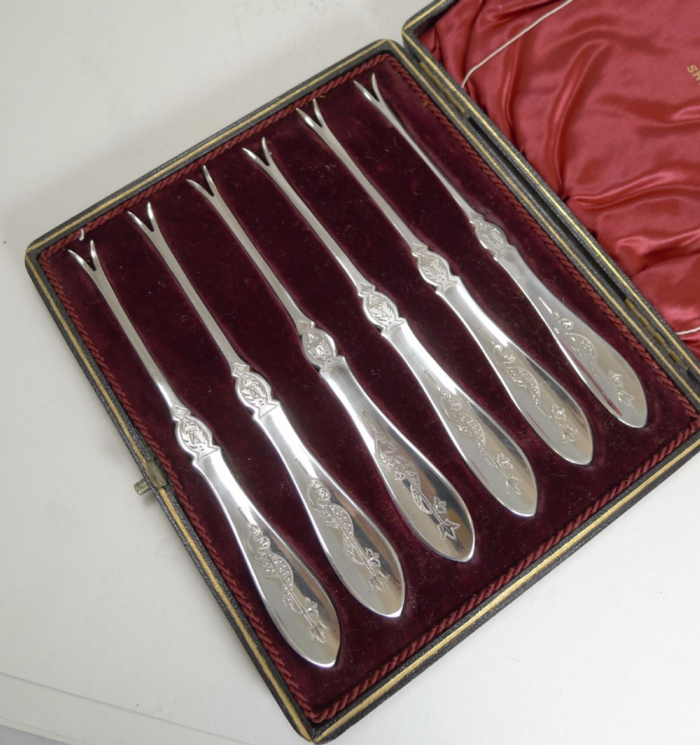 Cased Set Antique English Sterling Silver Lobster Picks by Walker and Hall View III