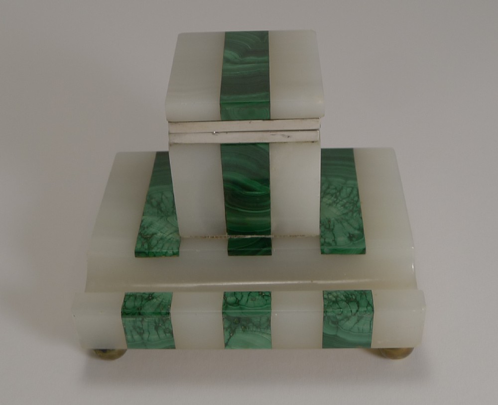 Art Deco Onyx, Malachite and Sterling Silver Inkwell by John Griffith & Sons