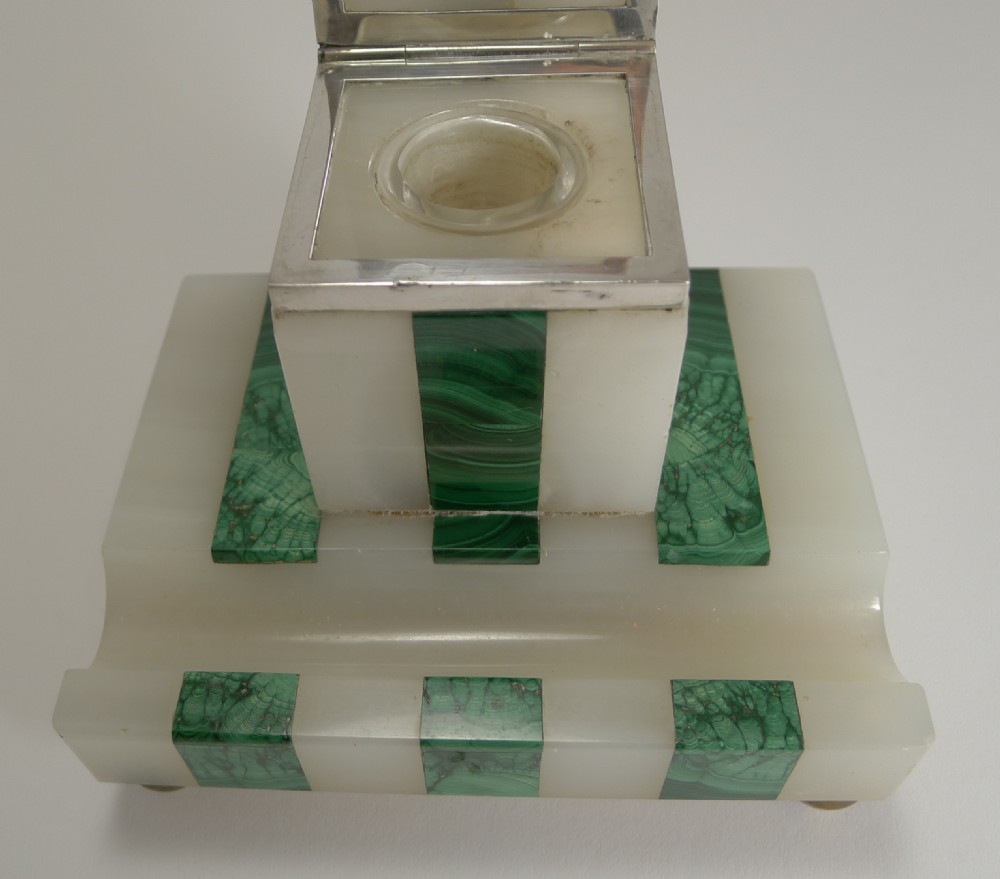 Art Deco Onyx, Malachite and Sterling Silver Inkwell by John Griffith & Sons View VII