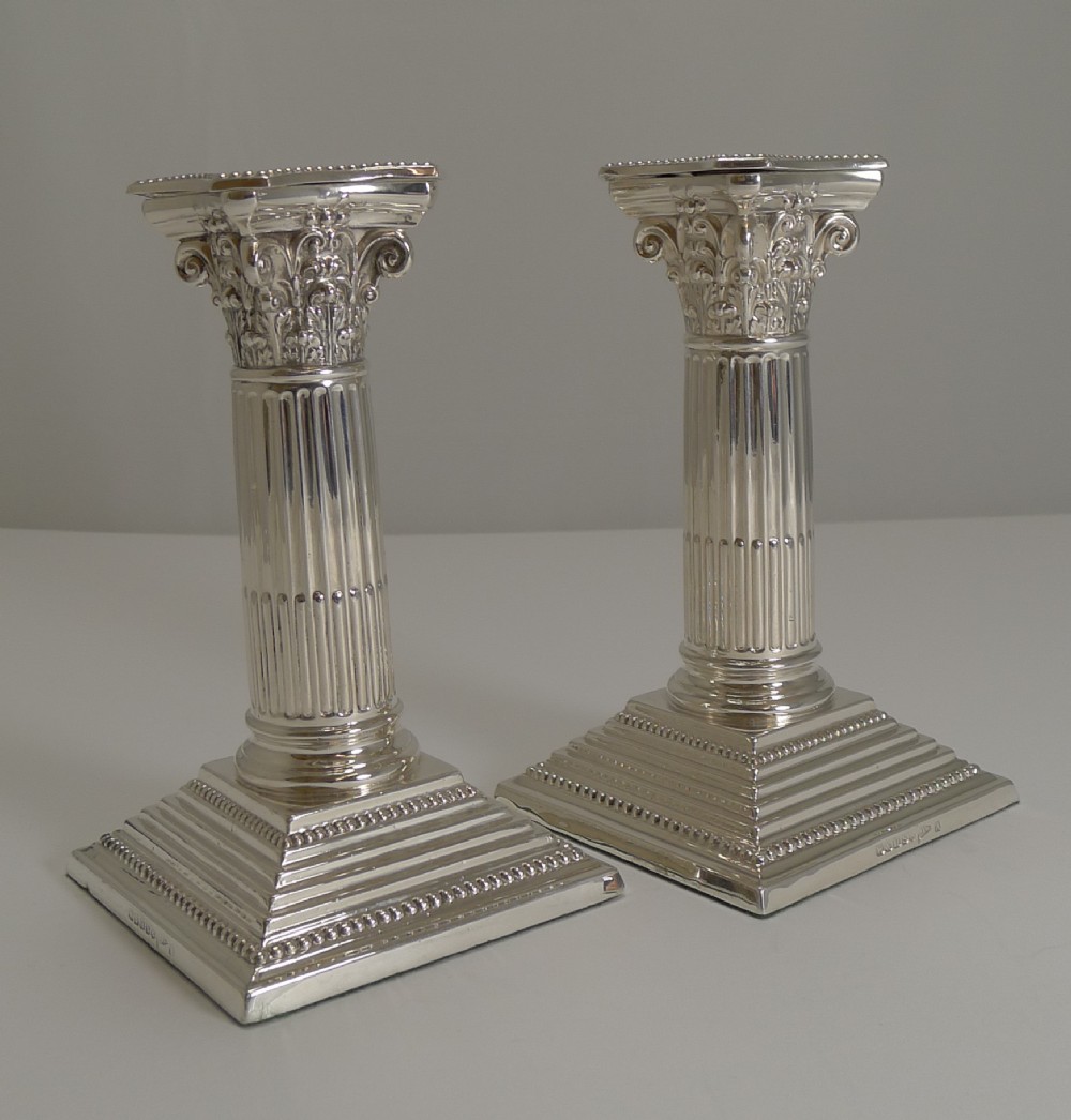 Pair Antique English Silver Plated Candlesticks - Corinthian Columns