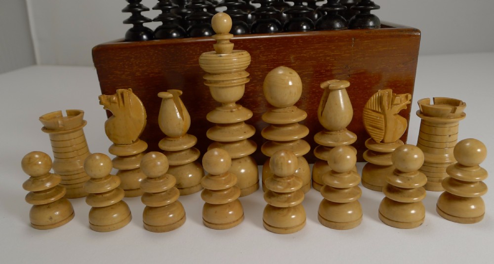 Antique English Regency Style Chess Set In Wooden Case c.1900 View III