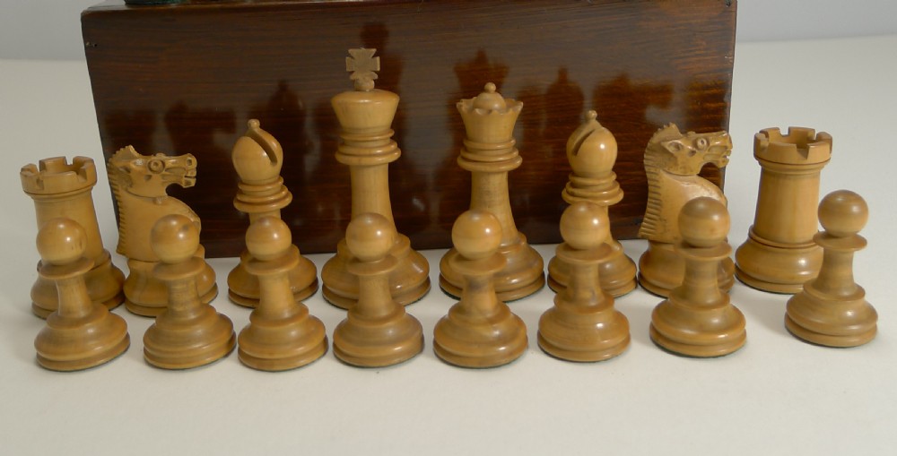 Antique English Boxwood Chess Set With Storage Box c.1910 View IV
