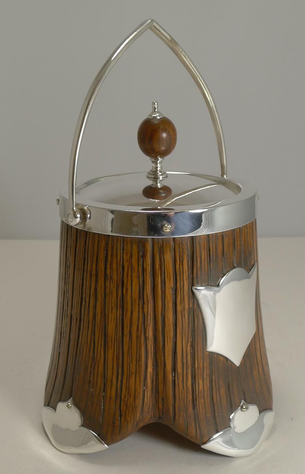 Fabulous Antique Naturalistic Oak and Silver Plate Biscuit Box - 1885