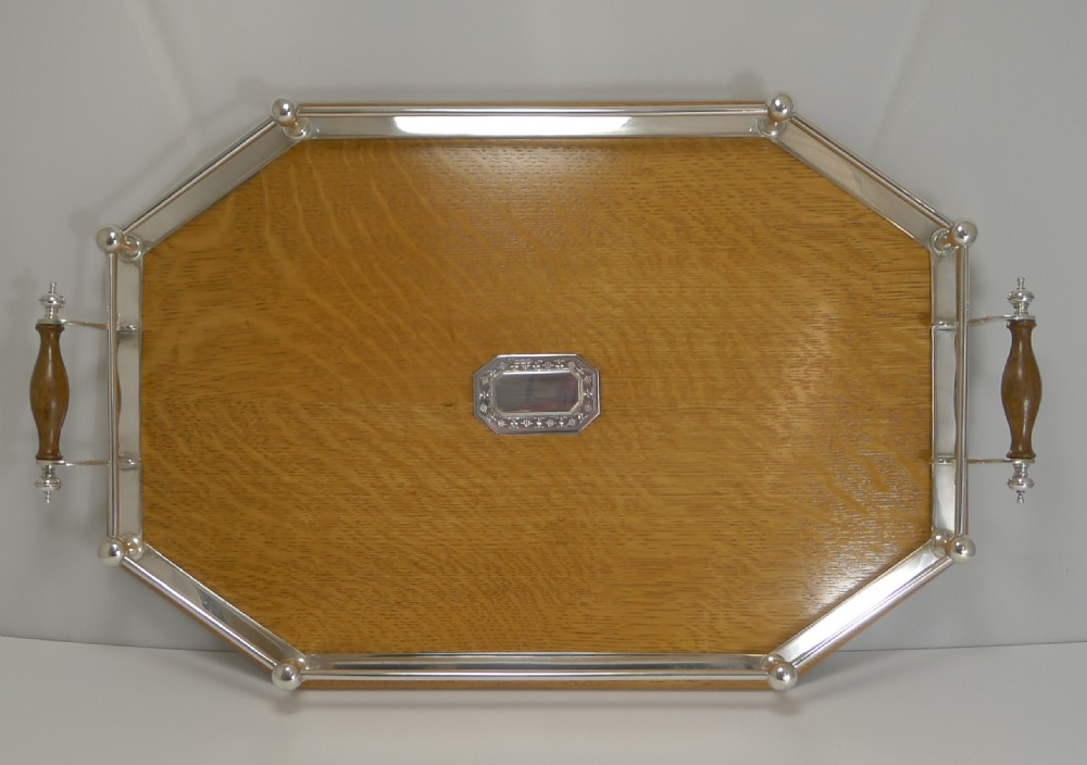 Handsome Antique English Oak & Silver Plate Tray - Silver Mount - 1910