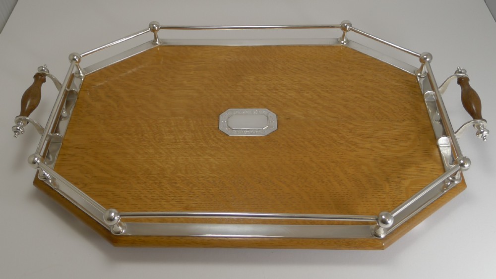 Handsome Antique English Oak & Silver Plate Tray - Silver Mount - 1910 View II