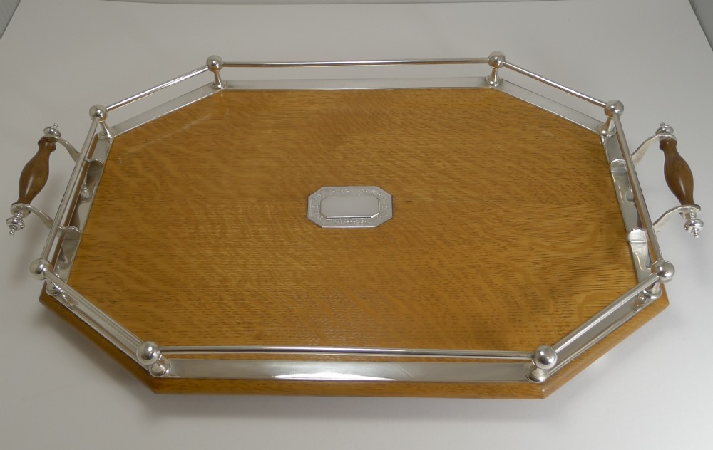 Handsome Antique English Oak & Silver Plate Tray - Silver Mount - 1910 View V