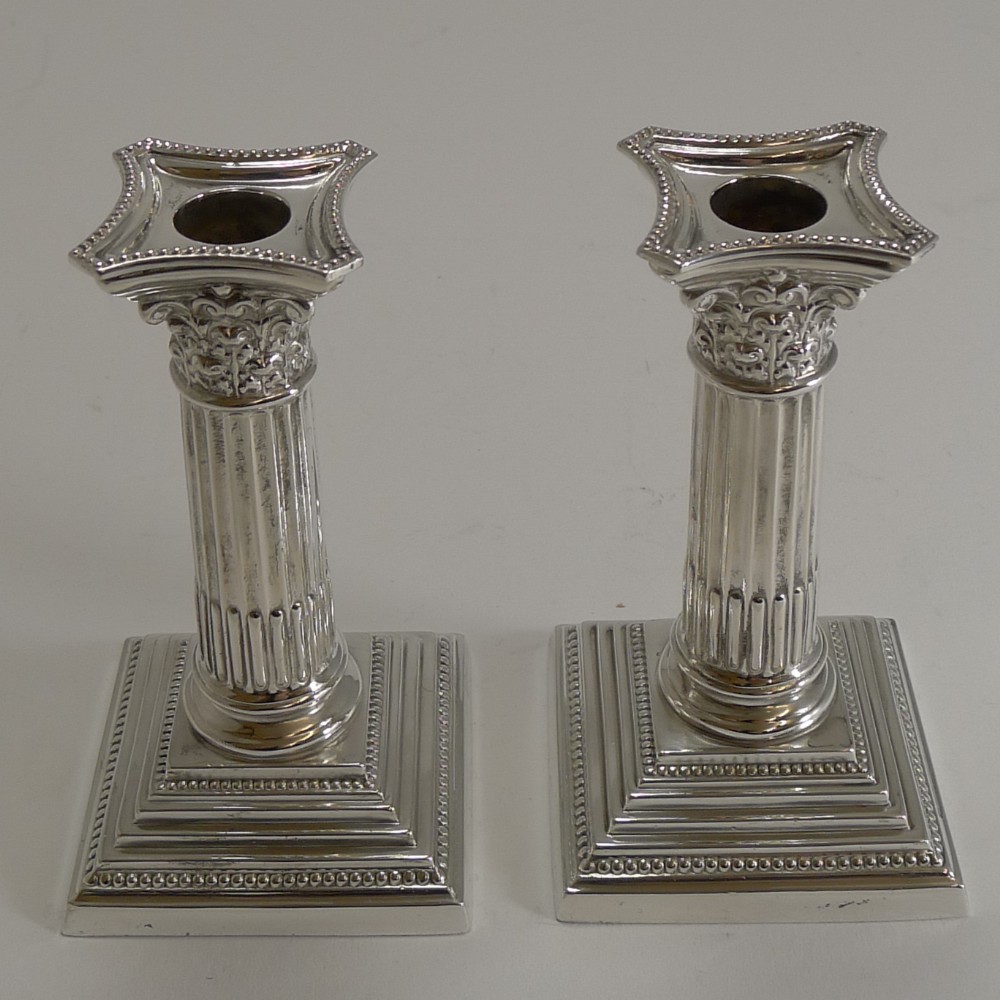 Petite Pair Antique English Corinthian Column Candlesticks c.1900 - Silver Plate