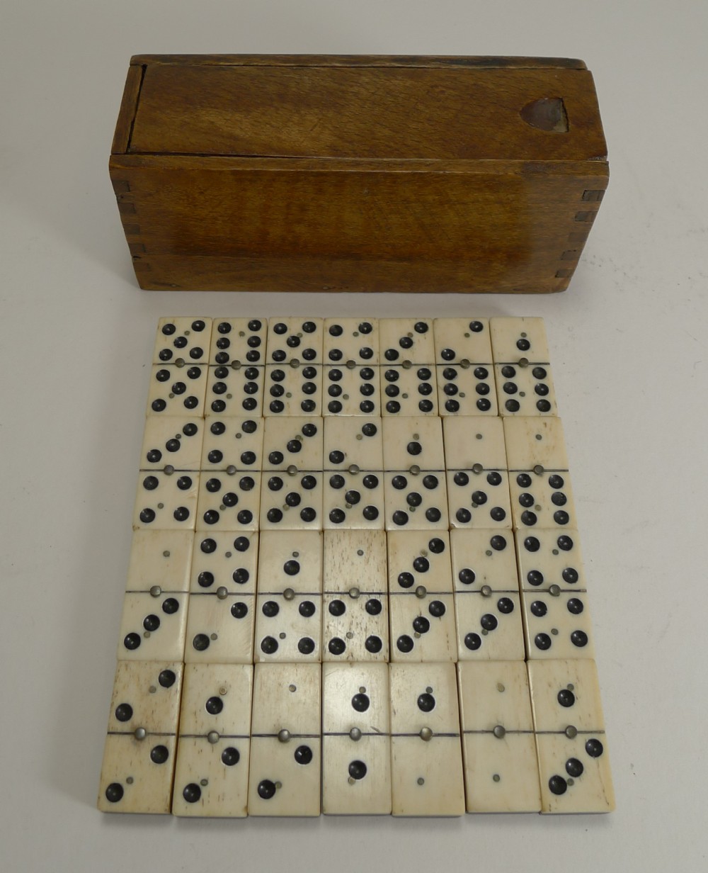 Antique English Boxed Set Bone & Ebony Wood Dominoes c.1890