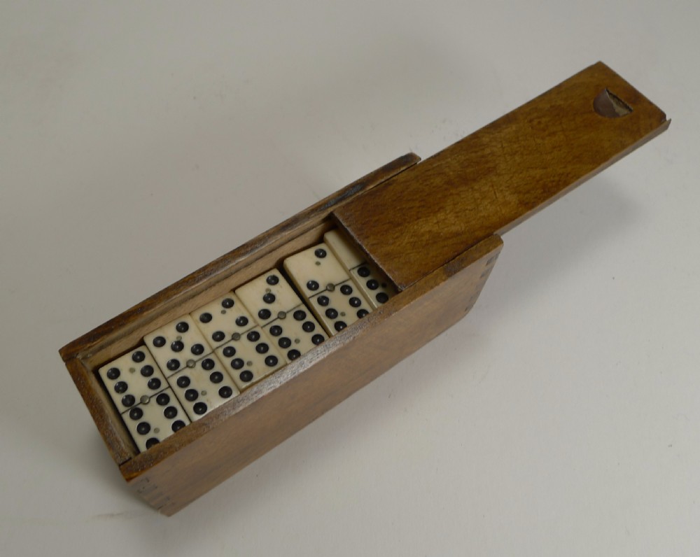 Antique English Boxed Set Bone & Ebony Wood Dominoes c.1890 View III