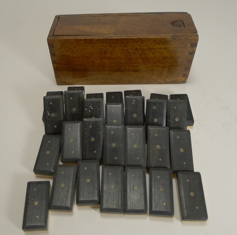 Antique English Boxed Set Bone & Ebony Wood Dominoes c.1890 View V