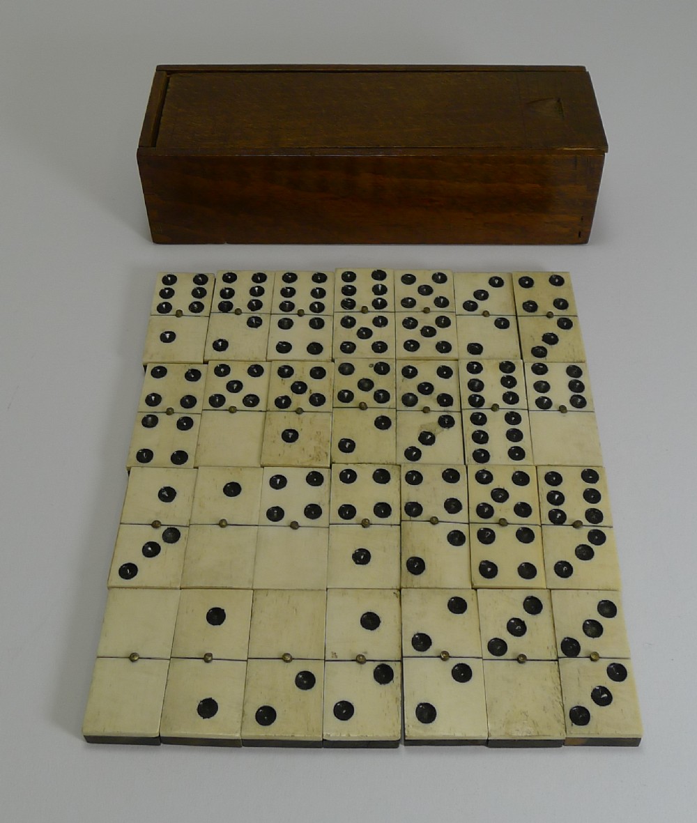 Antique English Boxed Set Bone & Ebony Wood Dominoes c.1890