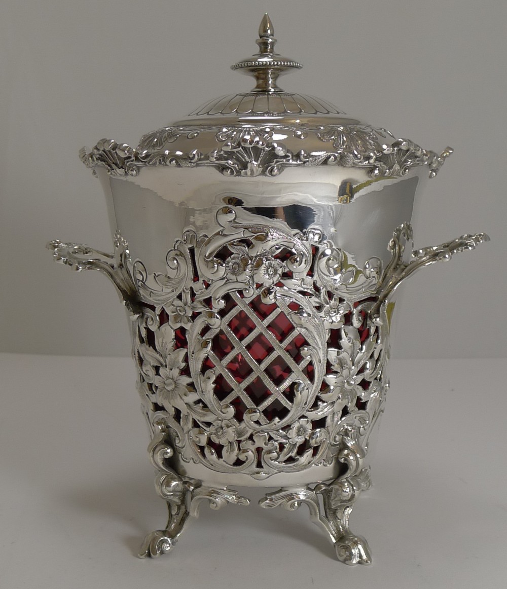 Magnificent Antique Scottish Biscuit Box - Cranberrry Glass Liner c.1890