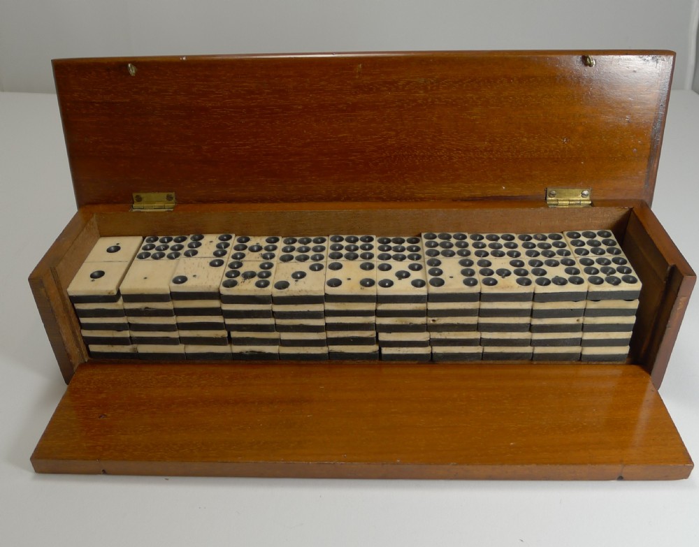 Antique English Boxed Set Bone & Ebony Wood Double Nines Dominoes c.1890