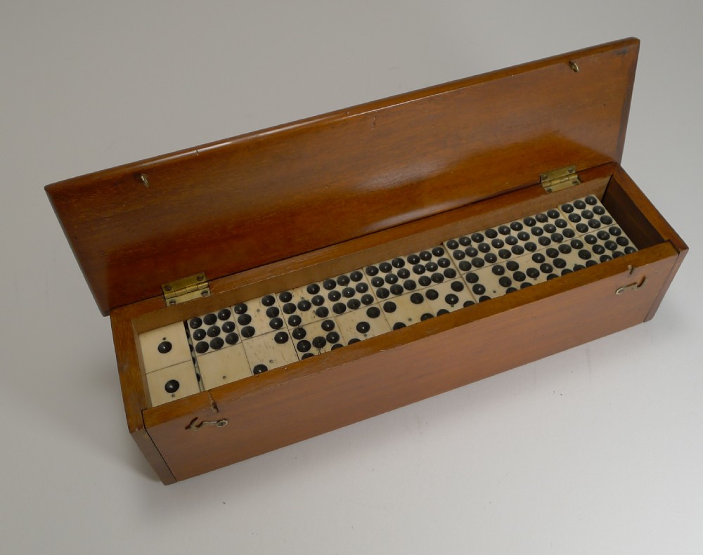 Antique English Boxed Set Bone & Ebony Wood Double Nines Dominoes c.1890 View VI