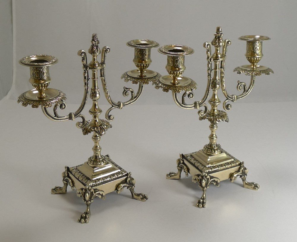 Fine Pair Antique English Polished Brass Candelabra c.1880