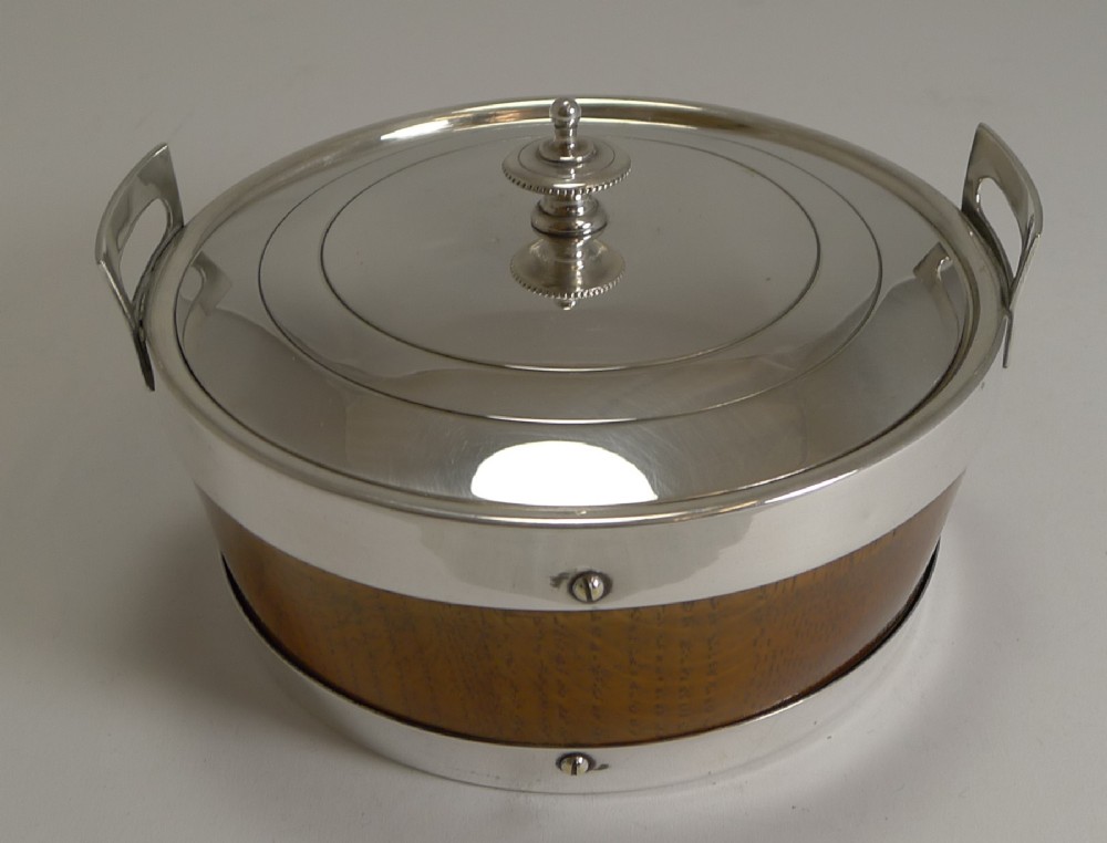 Antique English Oak and Silver Plate Butter Dish c.1890