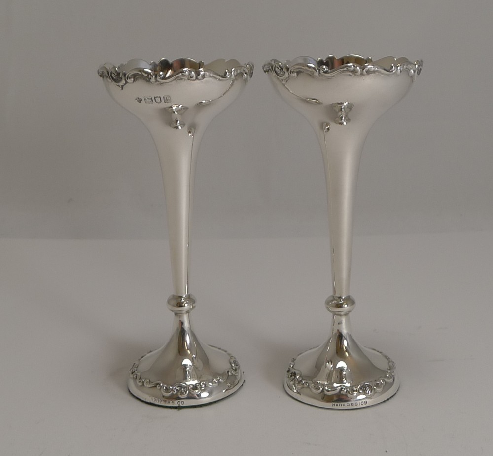 Superb Pair Antique English Sterling Silver Posy Vases
