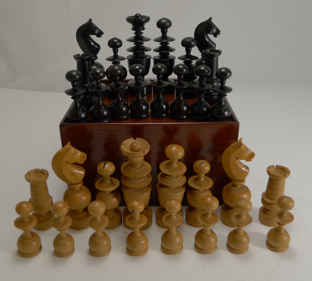 Large Antique English Regency Style Chess Set In Wooden Case c.1900