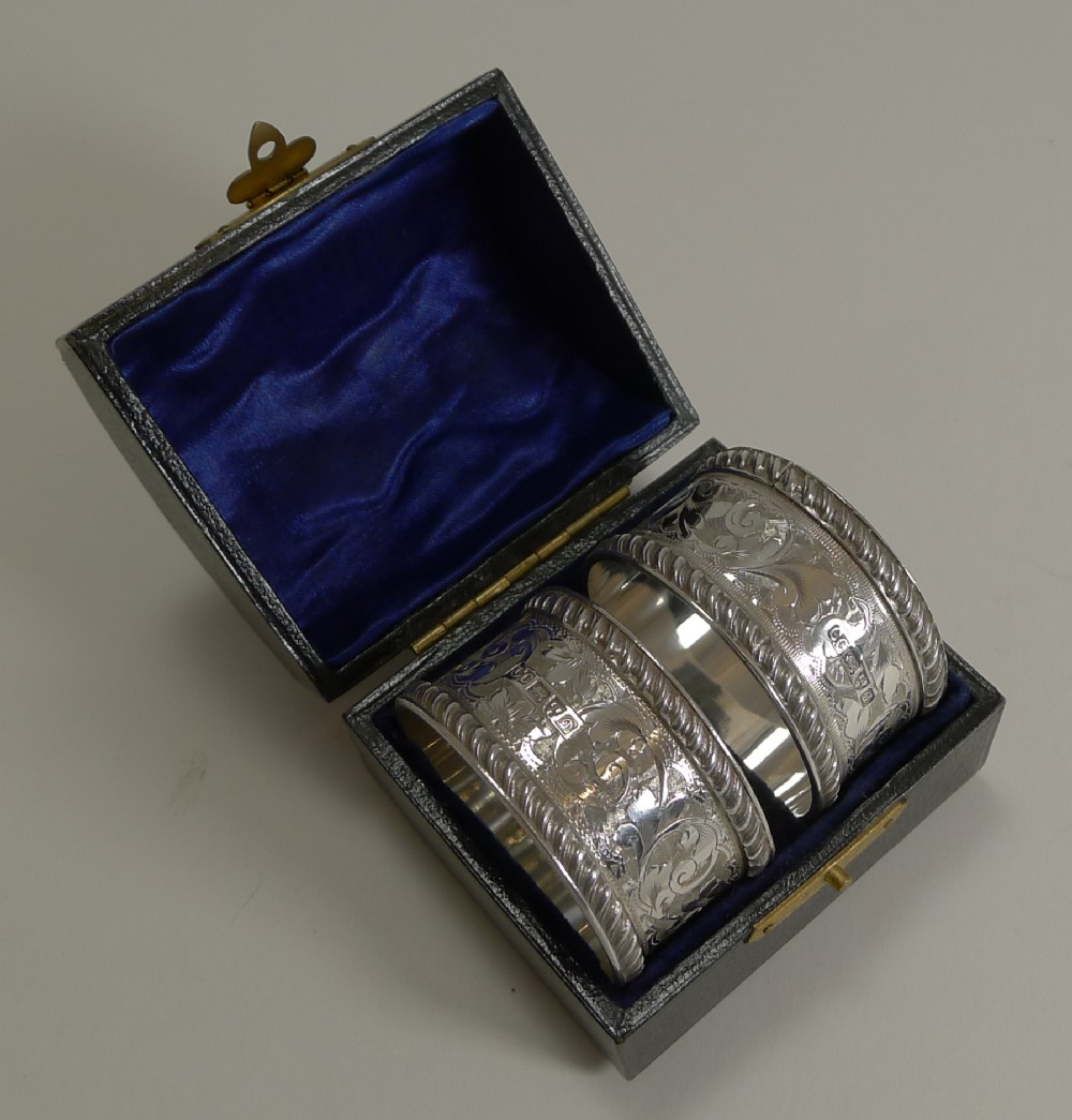 Fine Cased Pair Antique English Sterling Silver Napkin Rings