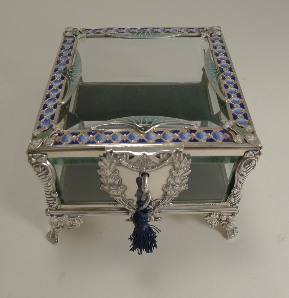 French Art Nouveau Silver Plate and Enamel Jewellery Box c.1900