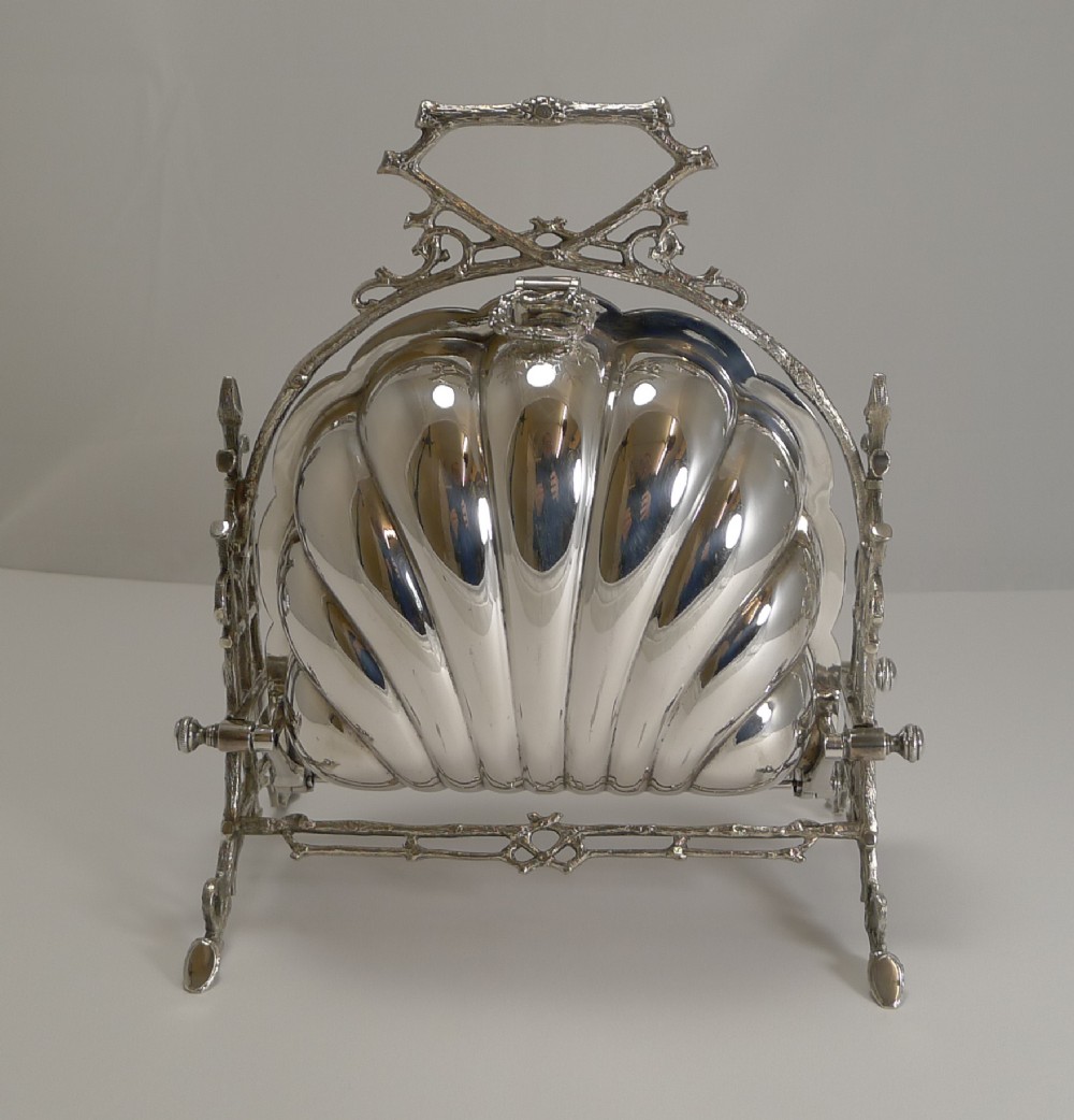 Antique English Shell Shaped Staniforth Patent Folding Biscuit Box by Fenton Brothers