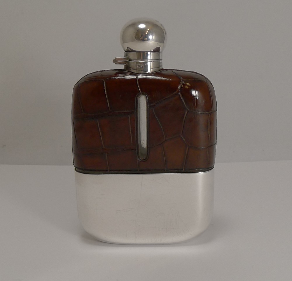 Large Antique English Silver Plate and Crocodile Hip Flask by James Dixon