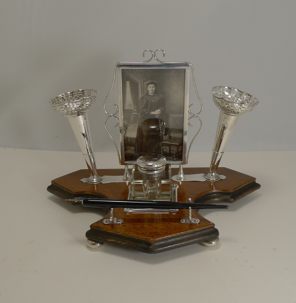Rare Antique English Inkwell With Photograph Frame and Posy Vases