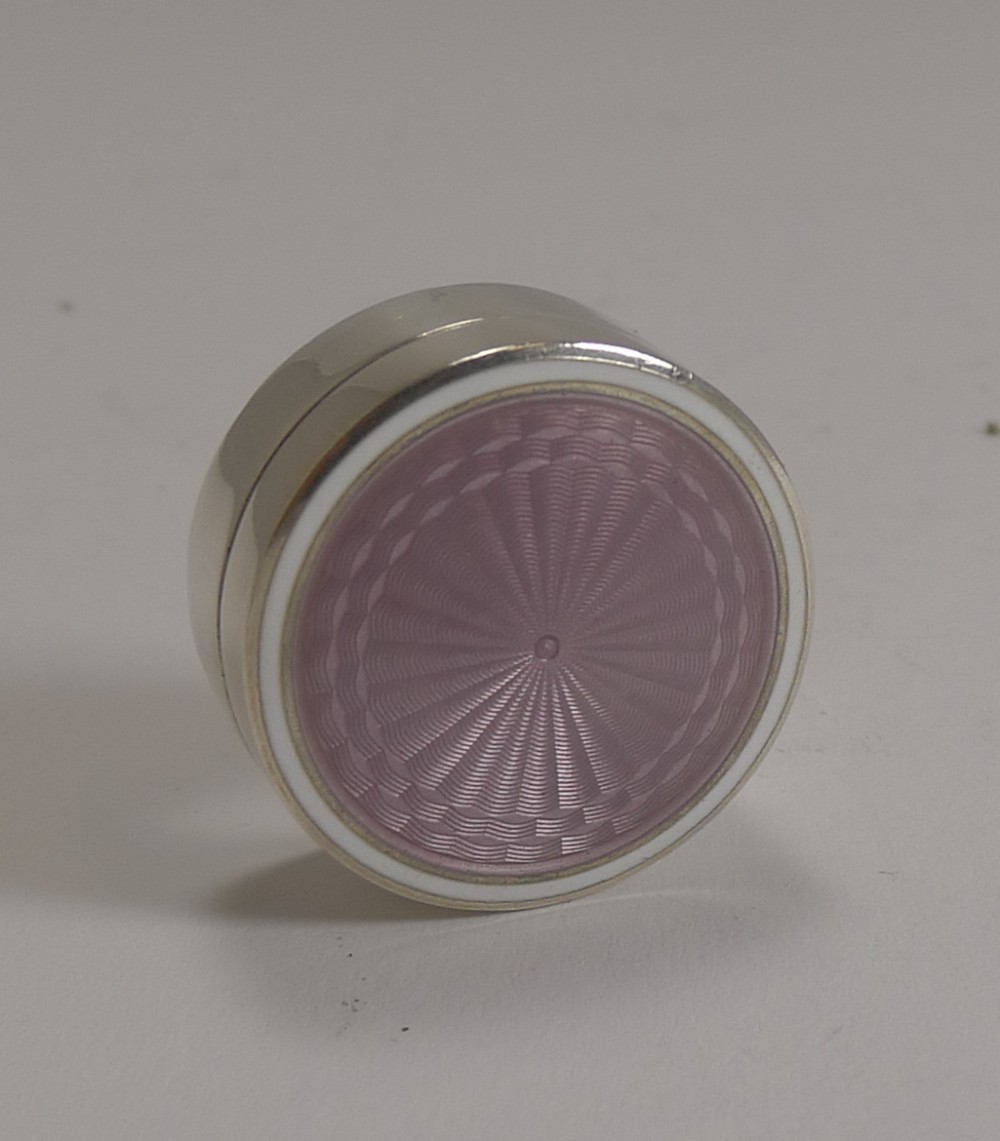 Antique Sterling Silver and Lilac Guilloche Enamel Pill Box
