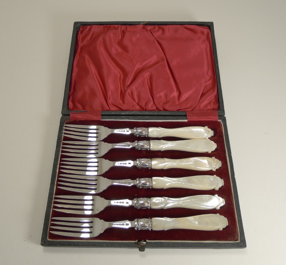 Antique English Sterling Silver & Mother of Pearl Cake or Desert Forks - 1862