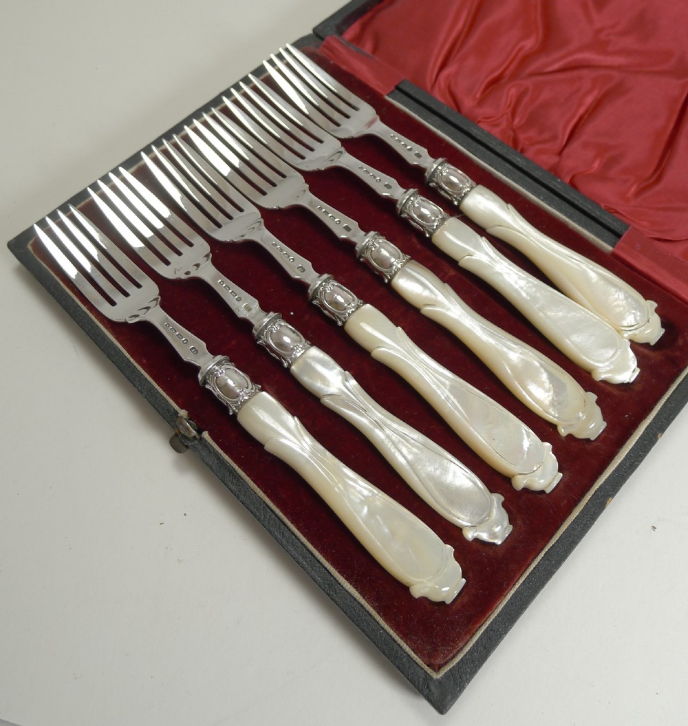 Antique English Sterling Silver & Mother of Pearl Cake or Desert Forks - 1862 View II
