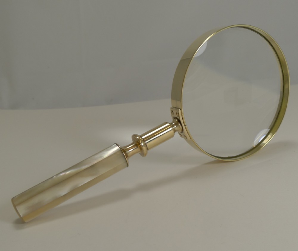 Large Antique English Brass and Mother of Pearl Magnifying Glass c.1890